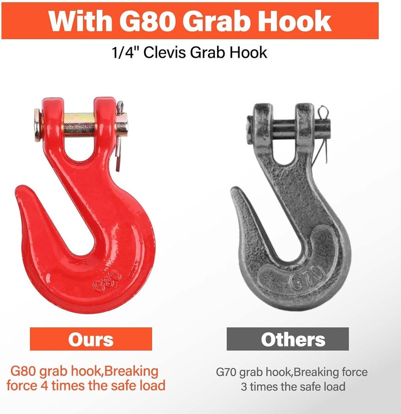 Lechansen 1/4" G80 Trailer Safety Chain, Grade 80 Black Transport Binder Chain 1/4 inch x 20 Feet with G80 Red Clevis Grab Hook Heavy Duty, 1/4" Tow Chains with Hook 3,300 lbs Working Load Limit - Image 4